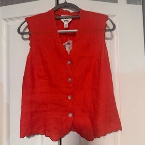 SOLD Talbots orange Irish linen button up top with scalloped hem Size 6